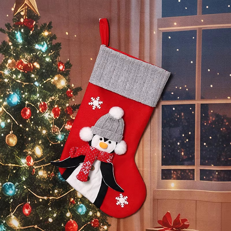 1Pc Christmas Penguin-Themed Christmas Socks, Snowflake Penguin Red/Grey Christmas Socks, Christmas Home Decorative Socks