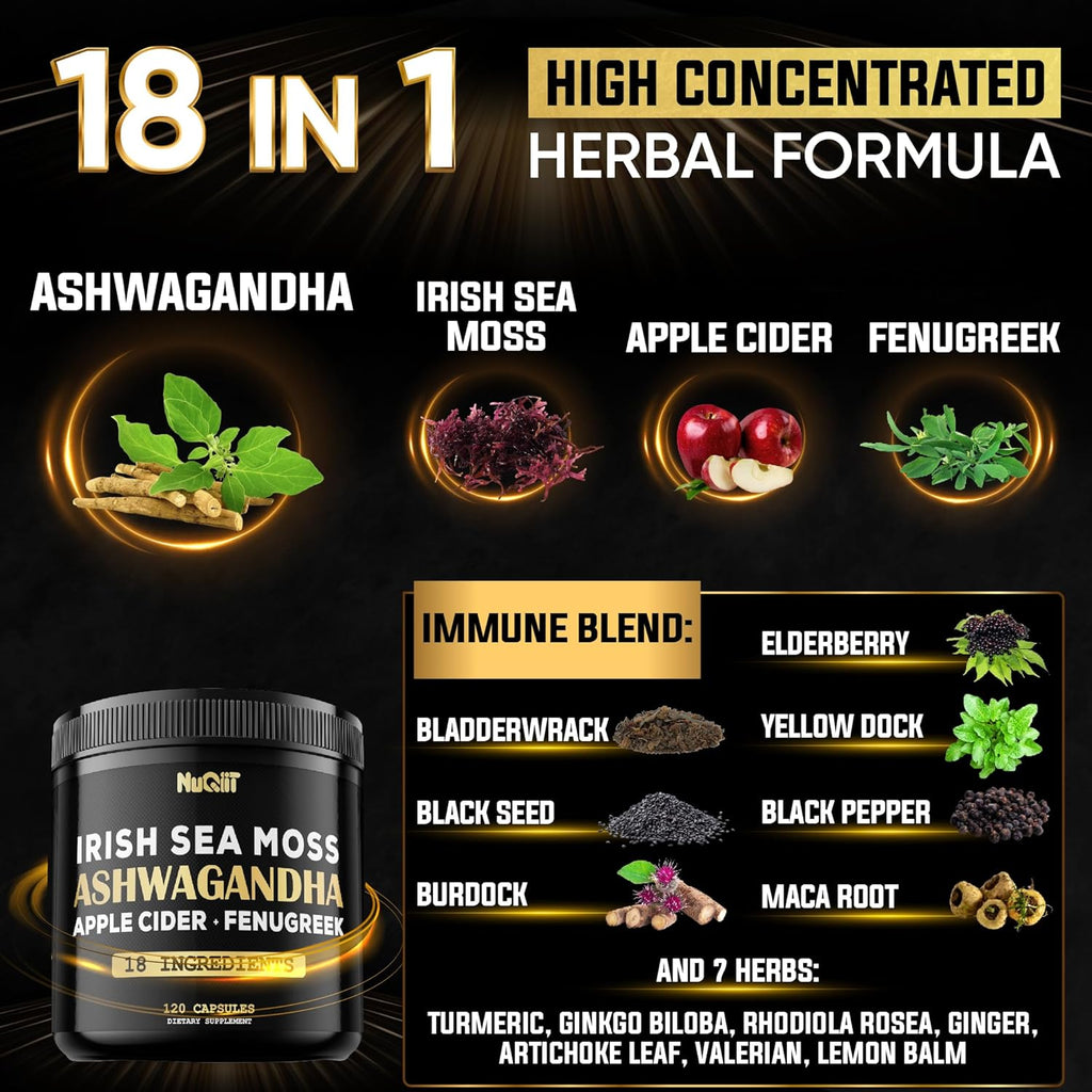 Ashwagandha Capsules - Irish Sea Moss - Apple Cider Vinegar & More - 120 Vegan Capsules