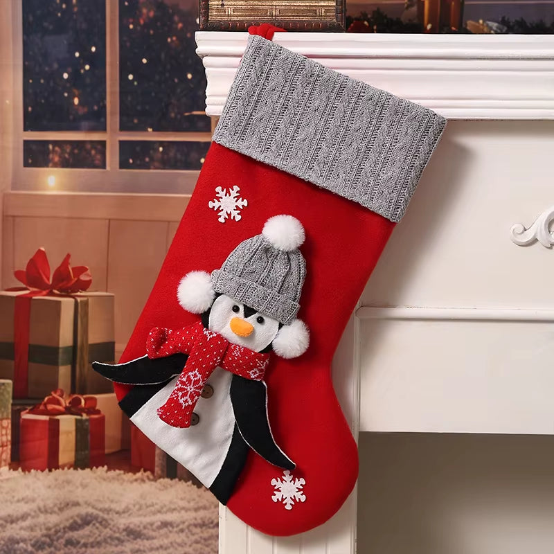 1Pc Christmas Penguin-Themed Christmas Socks, Snowflake Penguin Red/Grey Christmas Socks, Christmas Home Decorative Socks