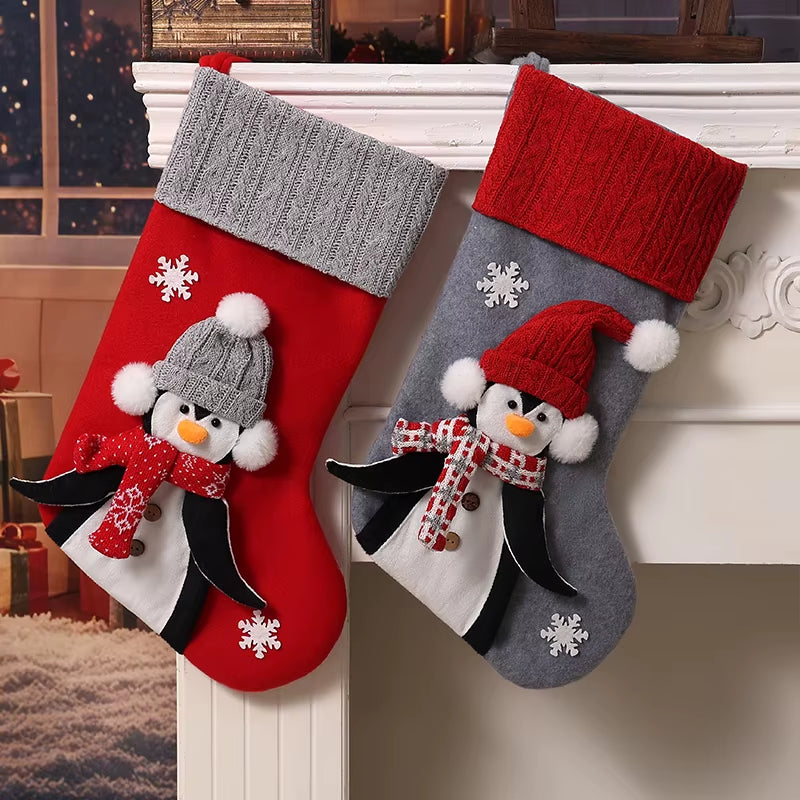1Pc Christmas Penguin-Themed Christmas Socks, Snowflake Penguin Red/Grey Christmas Socks, Christmas Home Decorative Socks