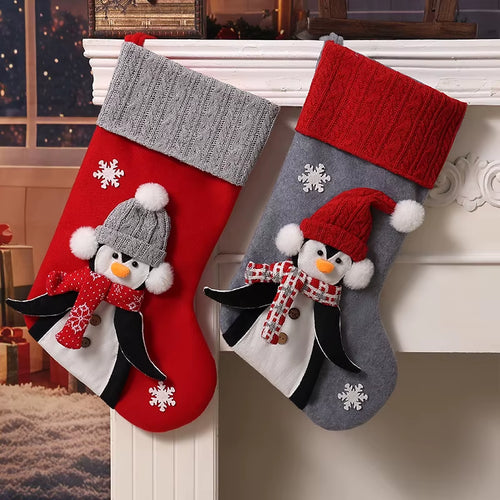 1Pc Christmas Penguin-Themed Christmas Socks, Snowflake Penguin Red/Grey Christmas Socks, Christmas Home Decorative Socks
