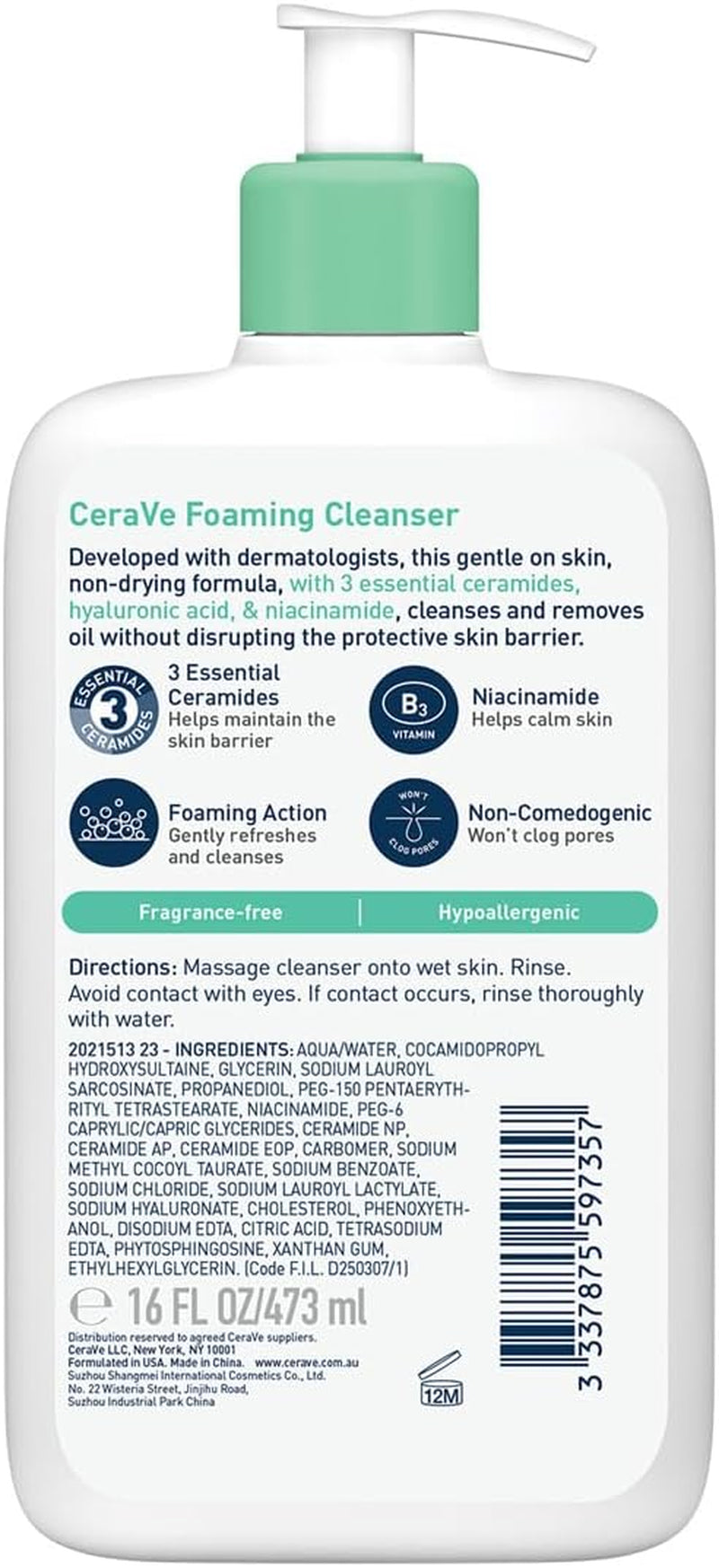 Foaming Cleanser Gel Face Wash 473Ml, for Normal to Oily Skin, Removes Oil without Disrupting the Protective Skin Barrier, for Face & Body, Niacinamide + Ceramides, Fragrance Free, Oil Control