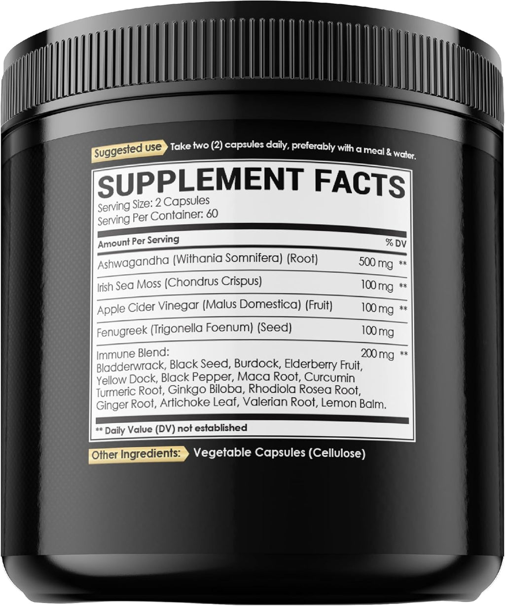 Ashwagandha Capsules - Irish Sea Moss - Apple Cider Vinegar & More - 120 Vegan Capsules