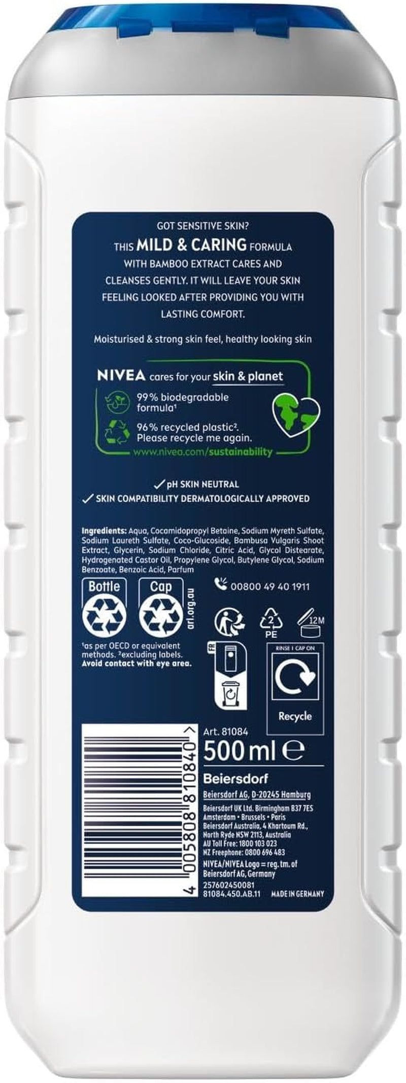 MEN Sensitive Shower Gel and Body Wash 500Ml | with Bamboo Extract | 3 in 1: for Body, Face and Hair | for Sensitive Skin Types | Long Lasting Freshness | Biodegradable Formula