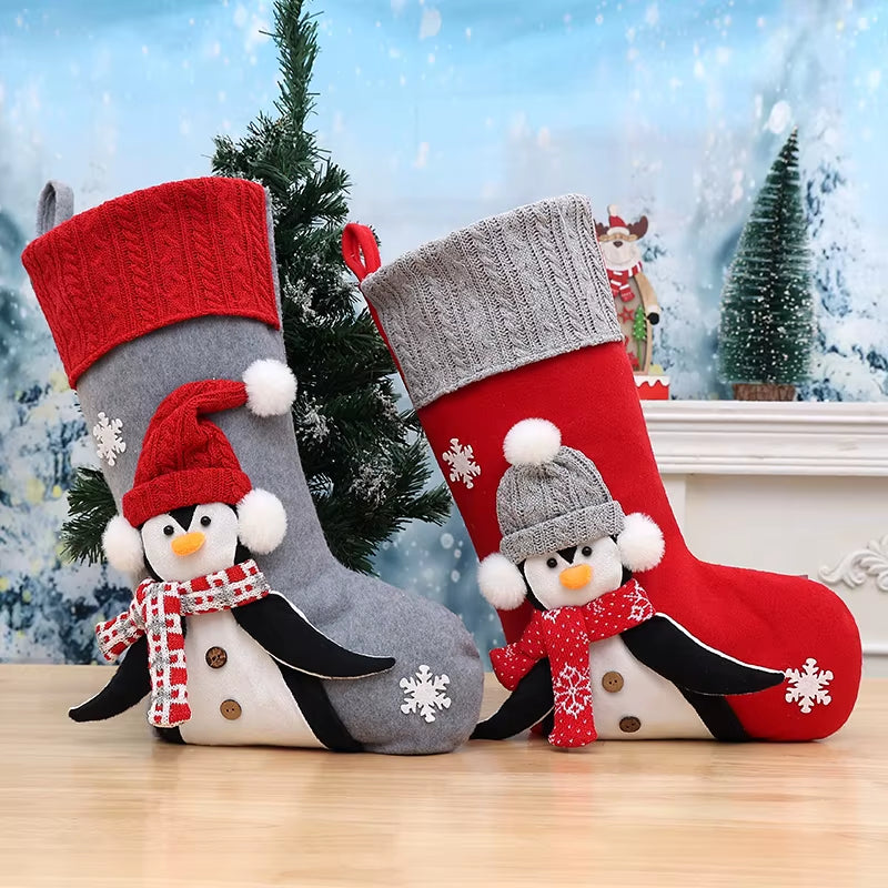 1Pc Christmas Penguin-Themed Christmas Socks, Snowflake Penguin Red/Grey Christmas Socks, Christmas Home Decorative Socks
