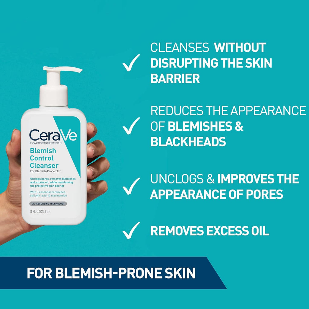 Blemish Control Cleanser Gel Face Wash 236Ml, for Blackheads, Blocked Pores & Acne-Prone Skin, 2% Salicylic Acid + Niacinamide + Purifying Clay + Ceramides, Lightweight + Oil-Absorbing