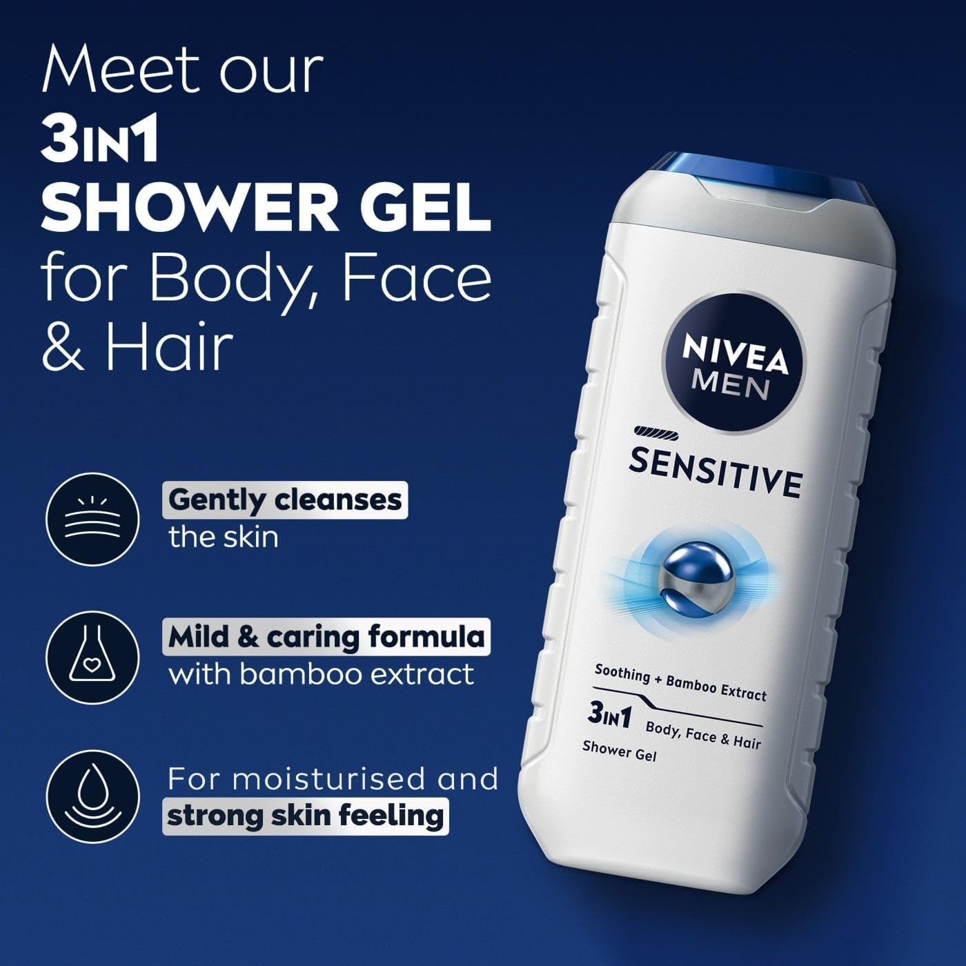 MEN Sensitive Shower Gel and Body Wash 500Ml | with Bamboo Extract | 3 in 1: for Body, Face and Hair | for Sensitive Skin Types | Long Lasting Freshness | Biodegradable Formula